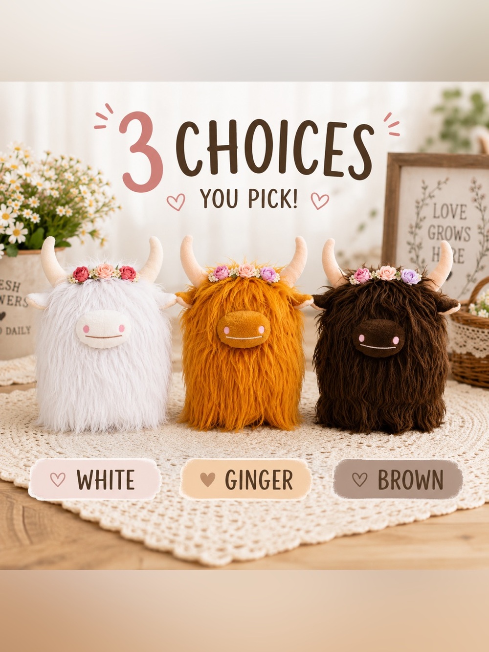 Highland Cow Plush Stuffed Animal Buyer’s Choice White Brown Ginger 7”